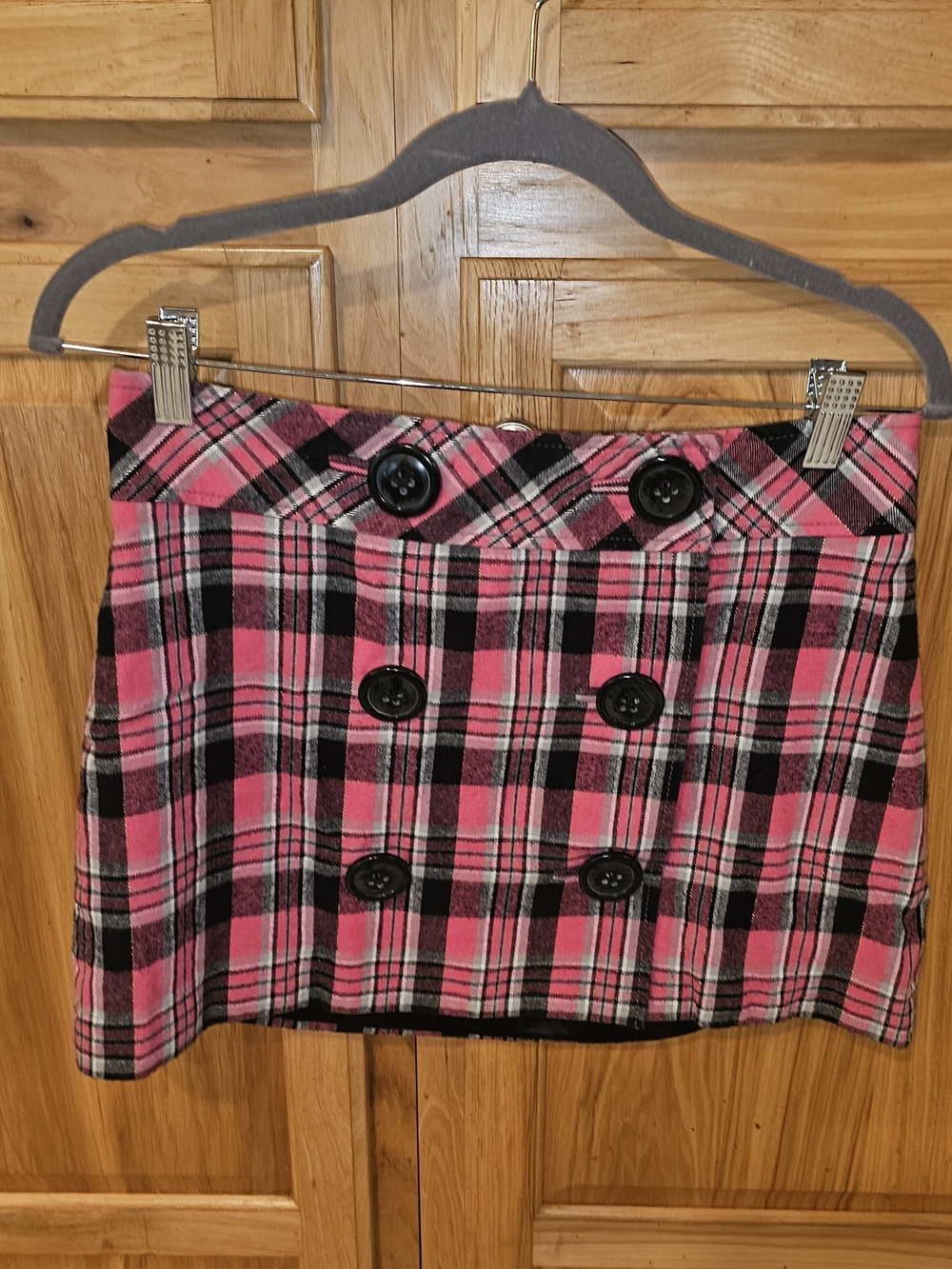 Express Pink & Black Plaid Double-Breasted Mini Skirt